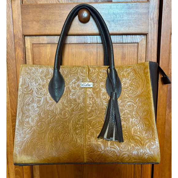 Colette Handbags - Colette Hand-Tooled Leather Tote Bag | Genuine Leather Mexico | Floral Embossed